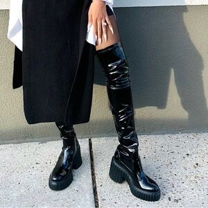 🆕 A.G.L. Tiggy Rock Over The Knee Leather Patent Black Boots EU 39 US 9